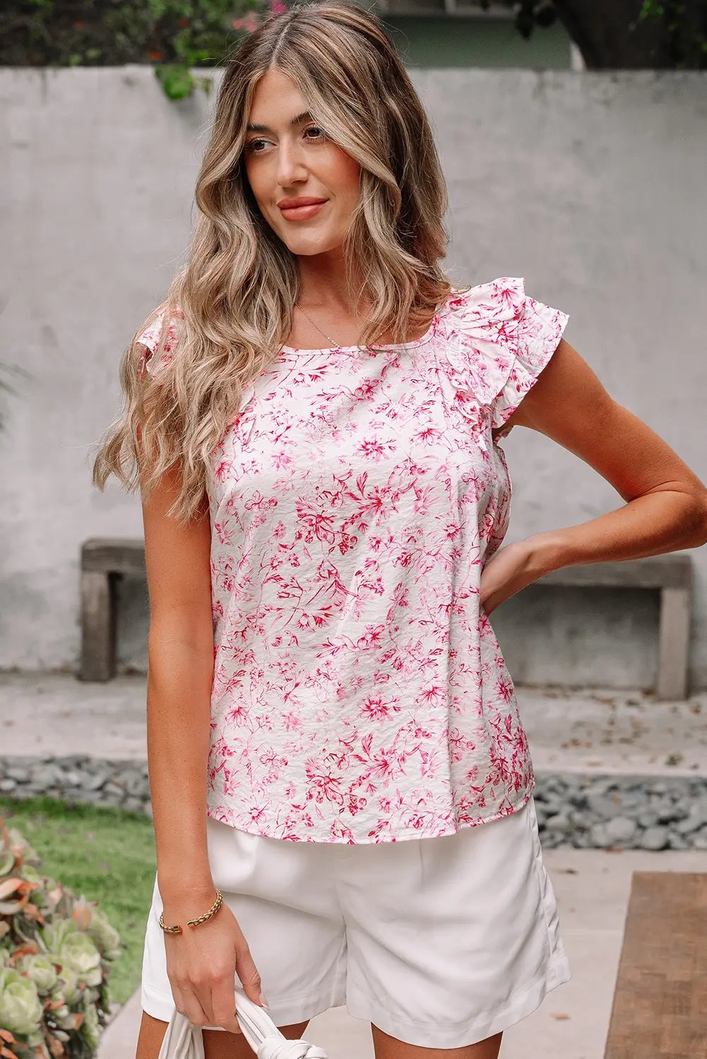 Pink Floral Ruffled Short Sleeve Bow Back Square Neck Blouse Love Salve